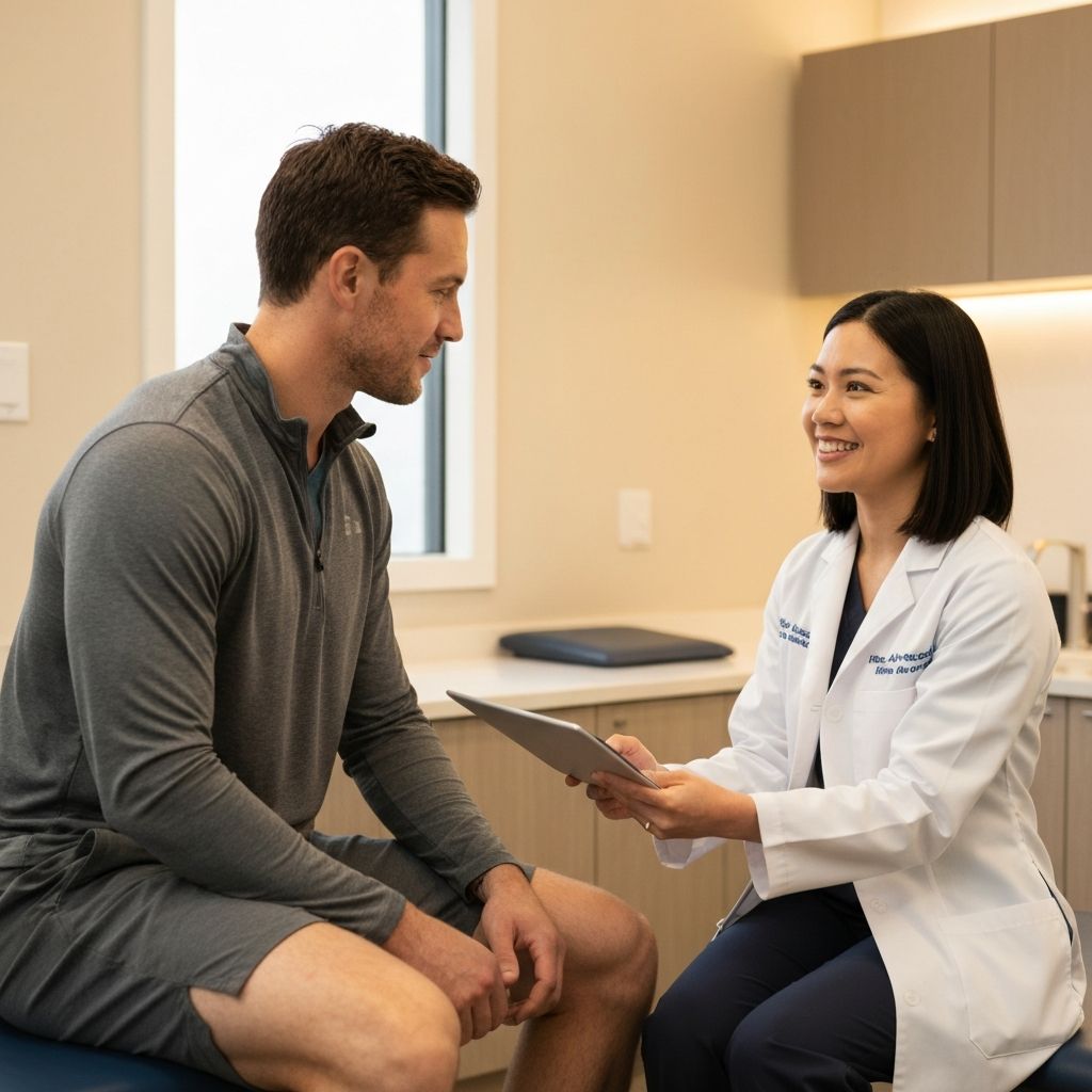 Athletic man receiving pelvic health physical therapy consultation